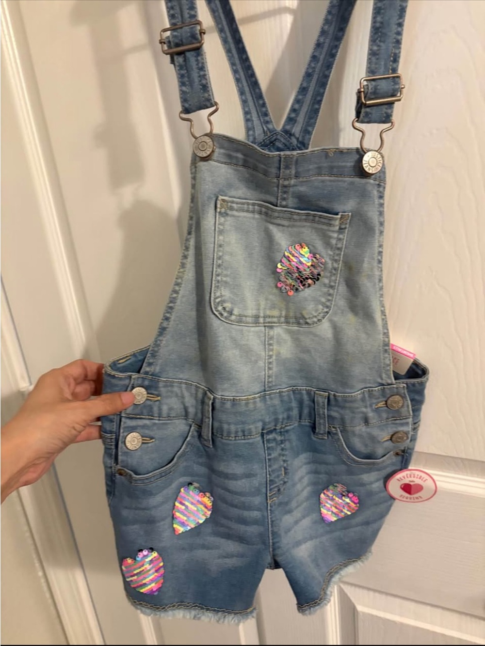 Justice Light Blue Denim Sequin Heart Short Overalls